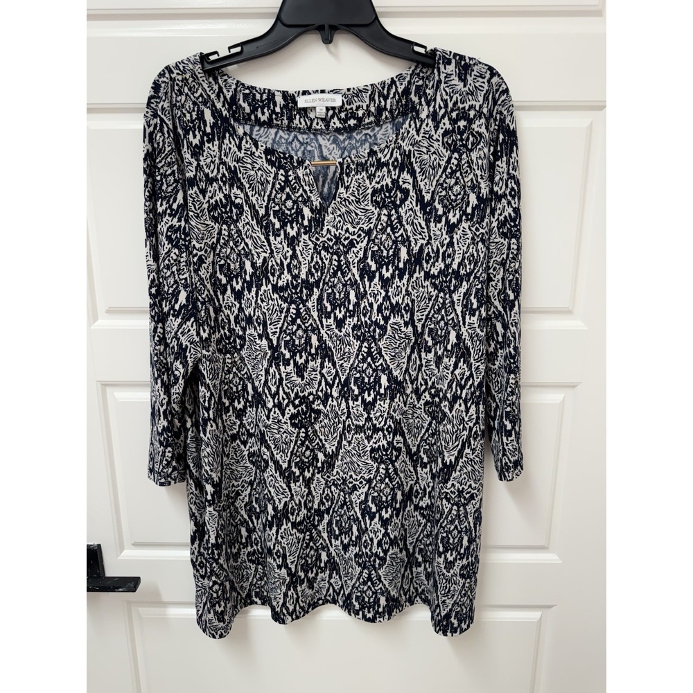 Ellen Weaver Women 1X Tunic Blouse Pullover Navy Gold Accent Stretch Career Top